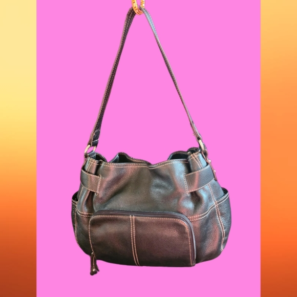 TIGNANELLO BLACK PEBBLE GRAIN LEATHER BELTED ORGANIZER HOBO BAG - Picture 11 of 11